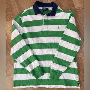 Vintage Polo RALPH LAUREN Rugby Shirt Green White Stripe Orange Pony XL tall